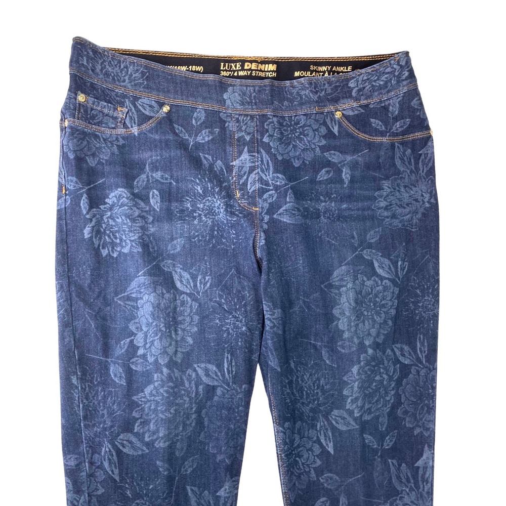 Nygard Luxe Denim Skinny Ankle Pants 1X 16W-18W Blue Floral 4-Way Stretch Indigo